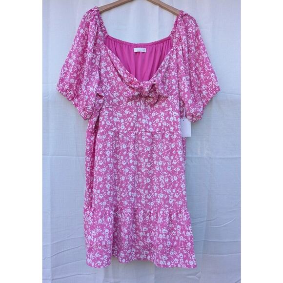 Lauren Conrad Womens Tie Front Mini Dress Sz 2X Pink Spotty Blossom Peasant - Picture 1 of 8